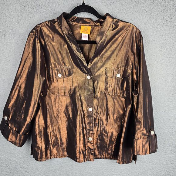 Ruby Rd Blouse Shirt Womens 18 Brown Metallic Button Up Roll Tab Sleeve Pockets - Picture 12 of 14